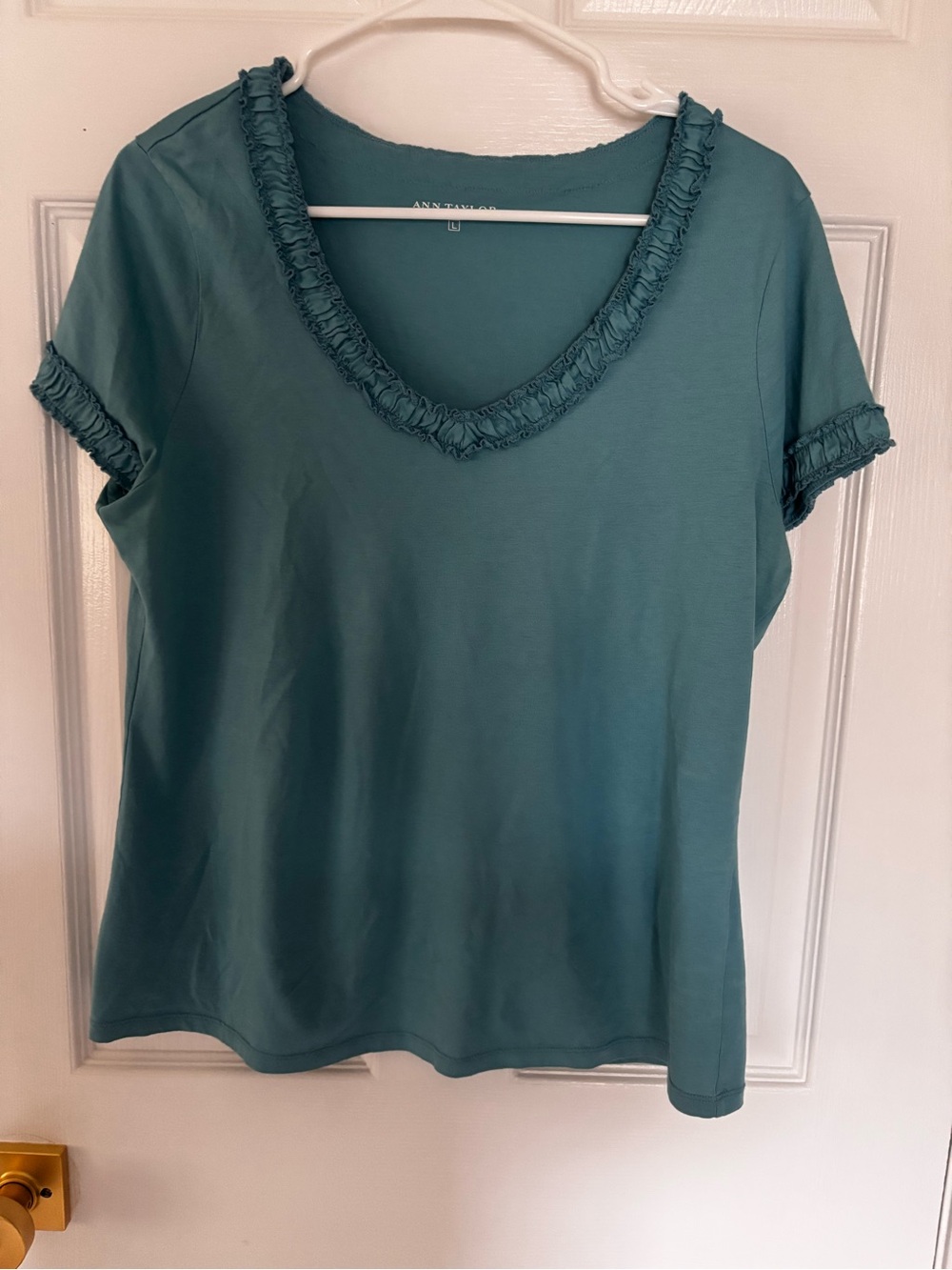 Ann Taylor Teal Ruffle-Trim Scoop Neck Tee